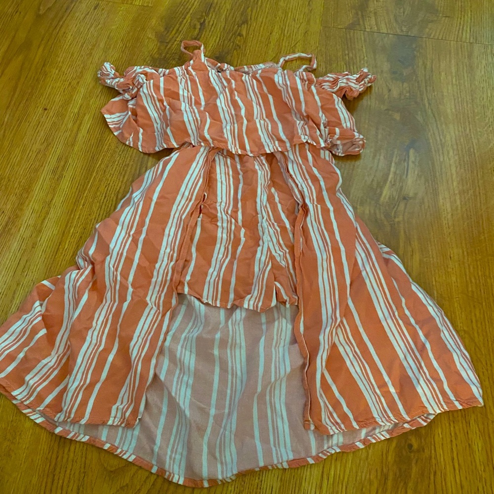 Kids pink striped jumpsuit with long back.